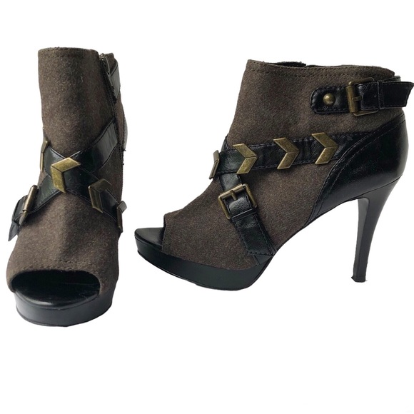 NINE WEST olive green boots peep toe ankle stiletto heels straps gold buckle 6.5 - Picture 12 of 12